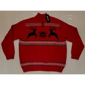 Chaps Mens Raindeer Snowflake Mockneck Sweater Red Size XL